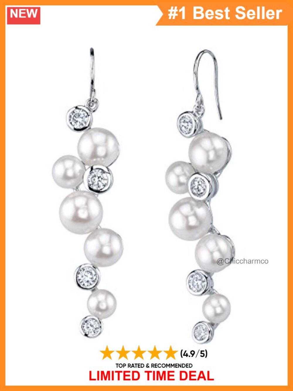 Sterling Silver Freshwater Pearl CZ Drop Dangle Earrings